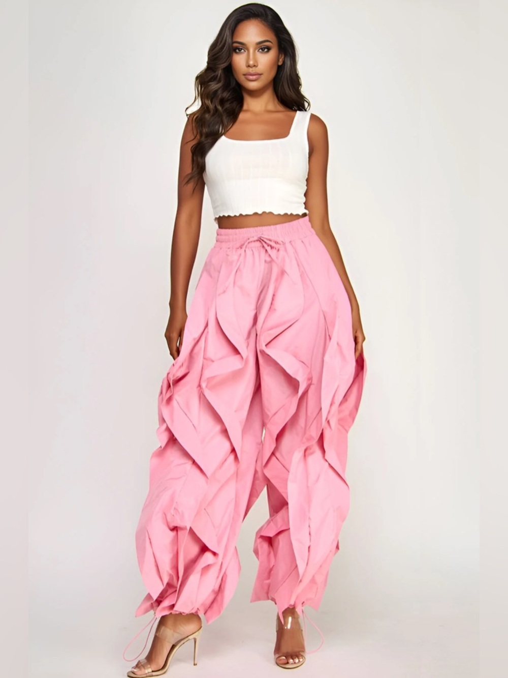 Yellow Ruffle Wide-Leg Wavy Drawstring Pants - Picture 10 of 16